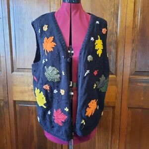 Vintage Basic Editions Black Cotton Blend Fall Leaves Knit Sweater Vest Size XL